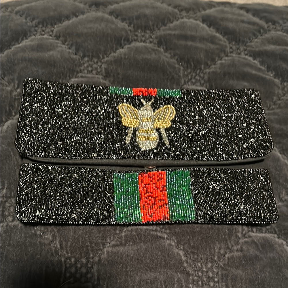 Black Beaded Clutch with Bee Design